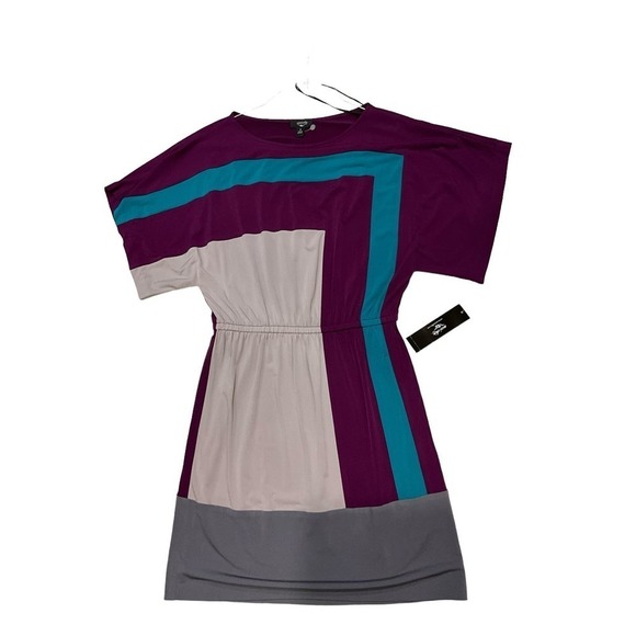 Suzi Chin Dress Womens Size 8 Multicolor Short Sleeve Block pattern Crew Neck - Picture 3 of 5